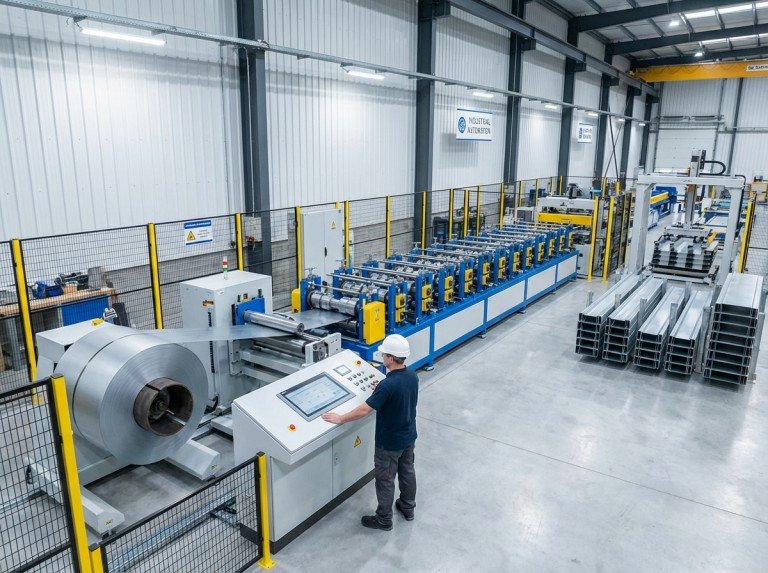 Cold roll forming machine production line with uncoiler, roll forming stations, and automatic cutting system in an industrial factory